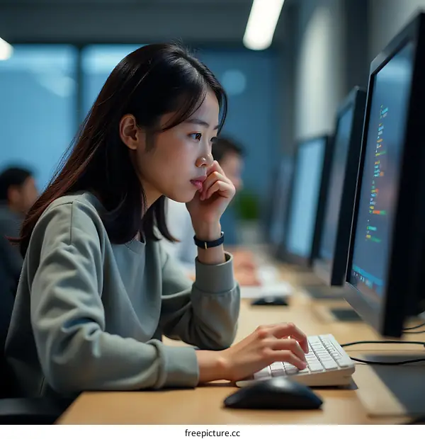 Young Asian Woman Working on Computer in Office