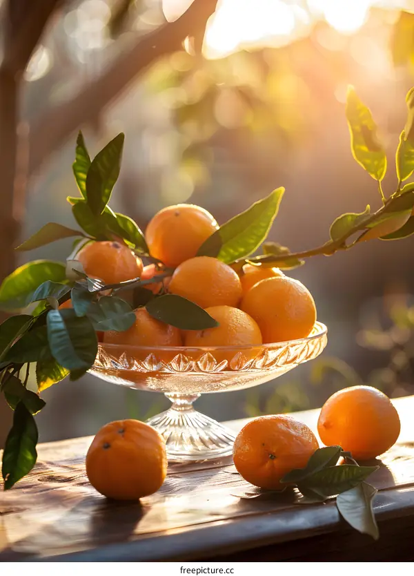 Fresh Oranges in Glass Bowl with Green Leaves