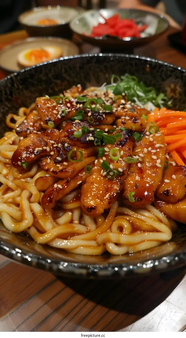 A bowl of udon noodles with chicken teriyaki