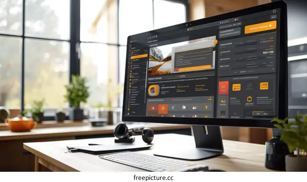 A computer on a wooden desk in a home office. The computer is displaying a project management dashboard.