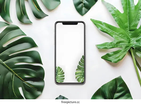 White Background With Phone and Green Leaves