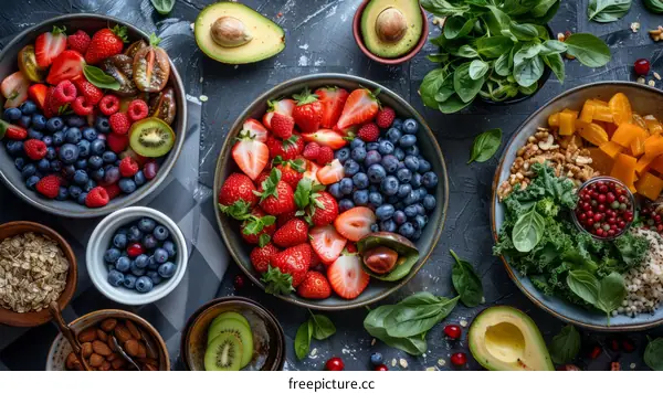 A vibrant still life of fresh fruit and vegetables in bowls on a dark background