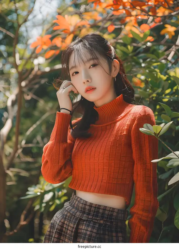 Young Asian Woman in Red Sweater Posing in Garden