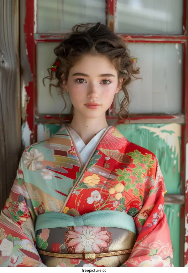 Portrait of a young woman in a kimono