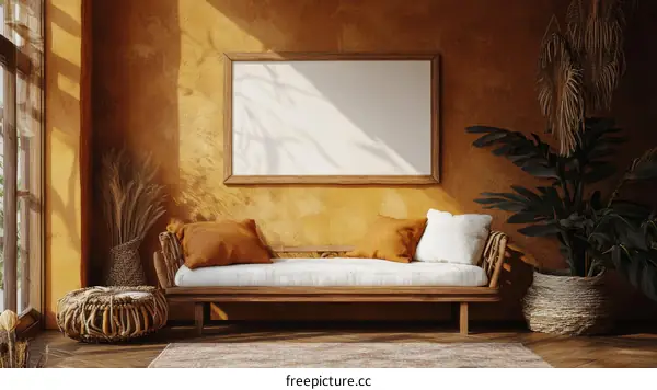 Bohemian Living Room Mockup with Wooden Sofa