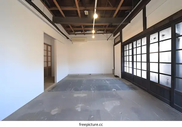 Empty Room with Sliding Doors and Wooden Ceiling
