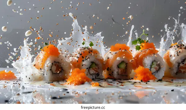 A variety of sushi rolls with orange roe and cucumber