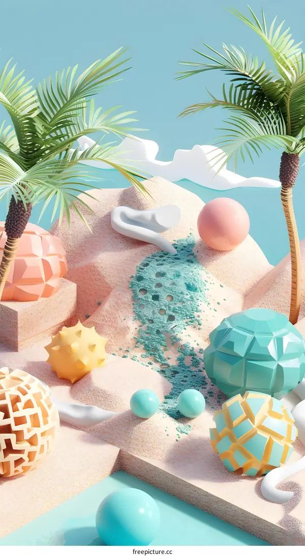 Abstract 3D Summer Beach Scene With Geometric Shapes
