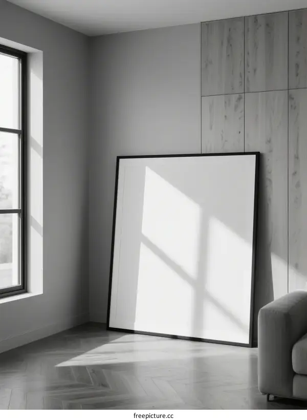 Large empty frame leaning against wall in modern living room
