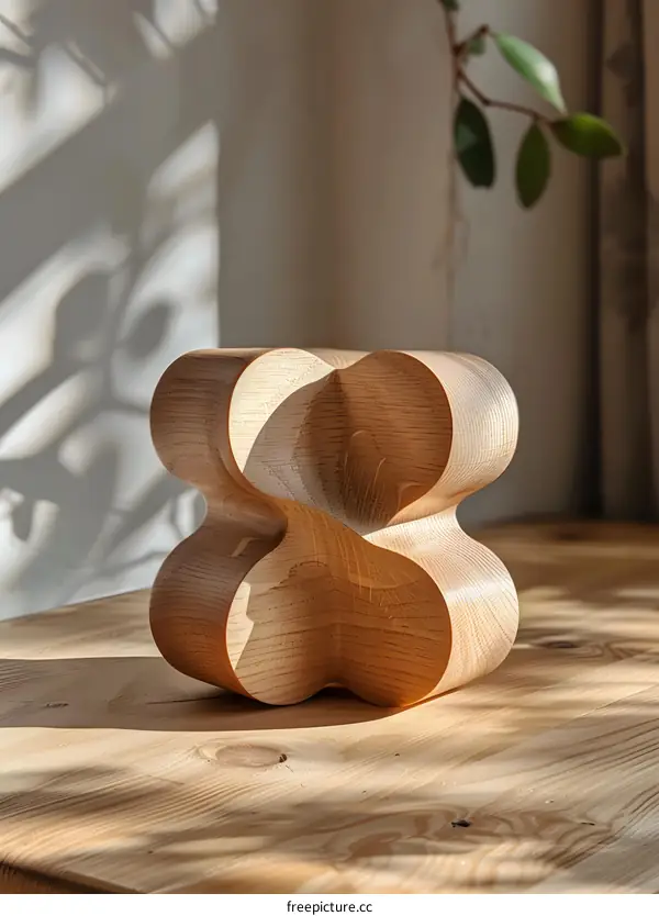 Wooden Sculpture with Abstract Shape and Curved Lines
