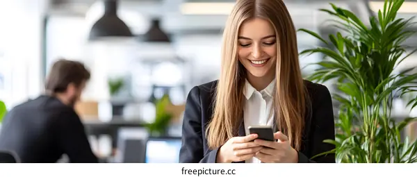 Smiling Business Woman Using Smartphone in Office