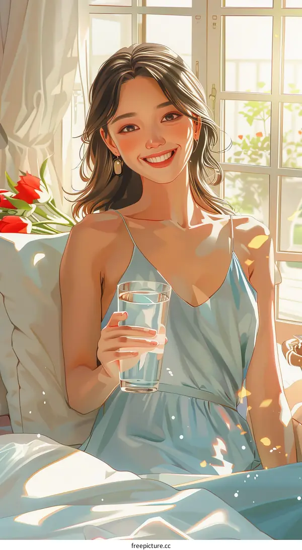 girl sitting on bed smiling holding glass of water