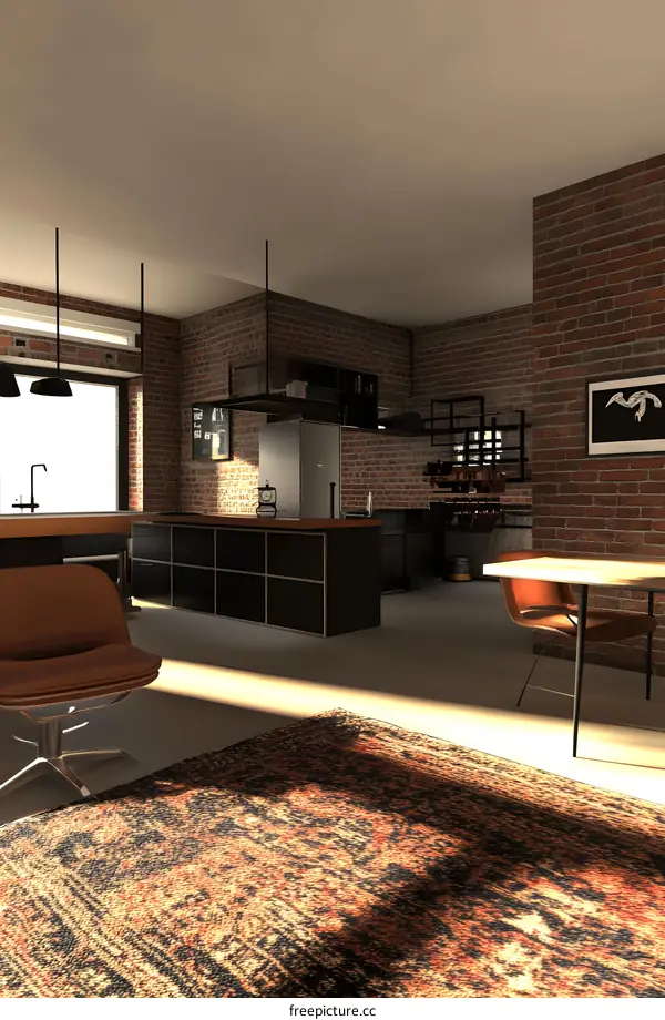 Modern Industrial Style Kitchen Interior Design with Brick Walls and Black Cabinetry