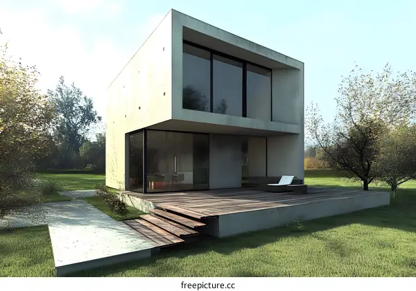 Modern House with Concrete Exterior and Large Windows