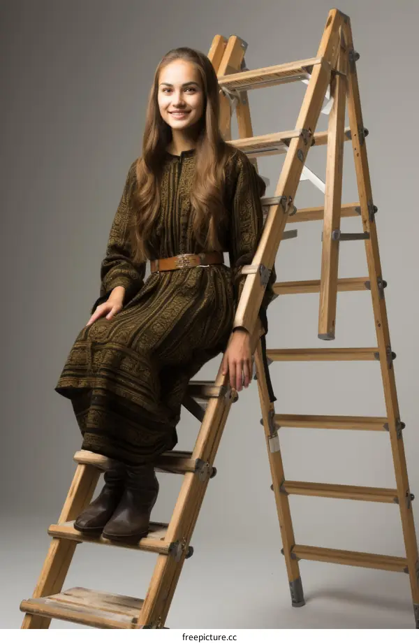 A young woman in a brown dress is sitting on a ladder