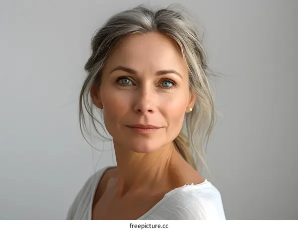 portrait of a beautiful woman with gray hair and blue eyes