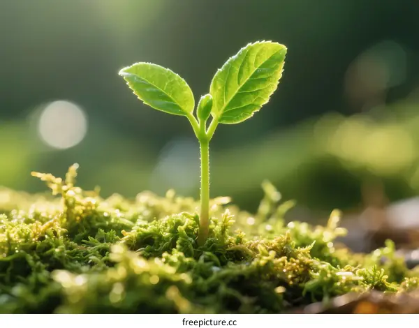 A Young Green Sprout Growing from Moss in Sunlight