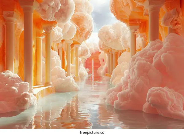 Classical colonnade with clouds and water in surrealism