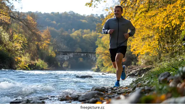 Man Running by a River in Autumn