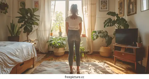 Woman standing in a room with many plants