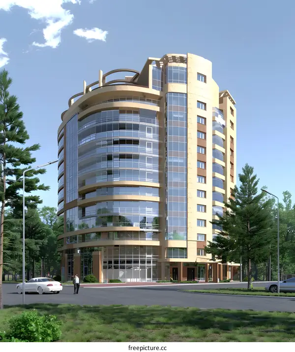 Modern Building Exterior Design with Glass Windows and Stone Facade