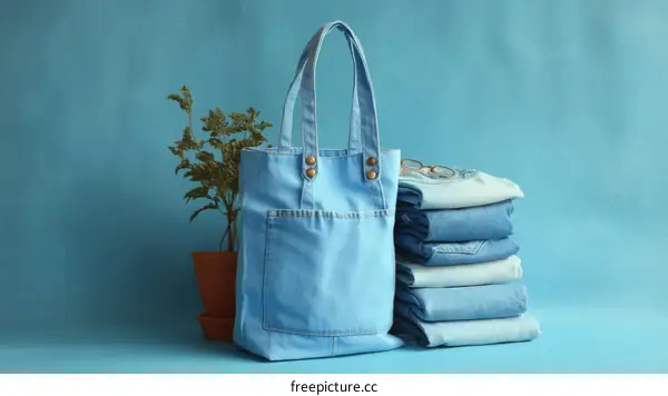 Light Blue Denim Tote Bag with Stacked Jeans
