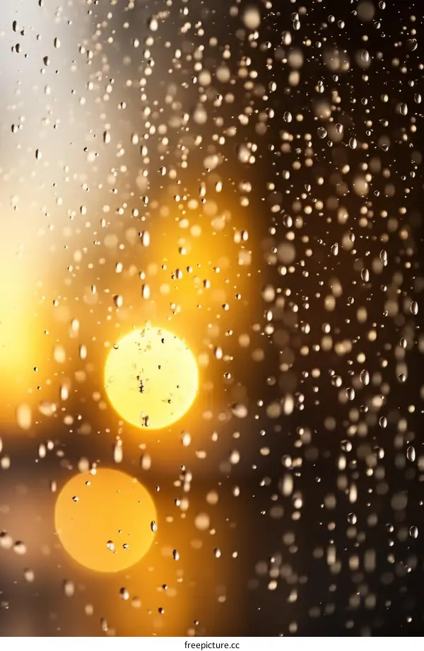 Raindrops on Window with Blurred Orange Lights