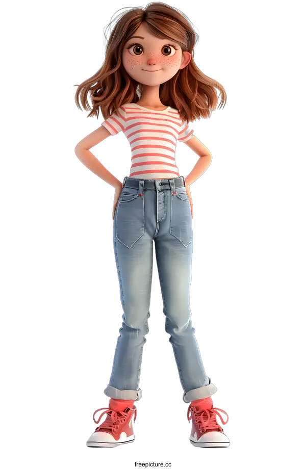 [Transparent Background PNG]Cartoon Girl Character Illustration In Jeans And Striped Shirt