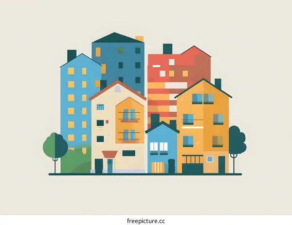 Colorful Flat Design Illustration Of Houses In A City