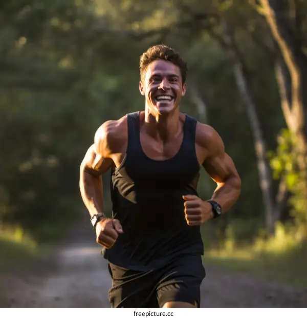 muscular man running in the woods