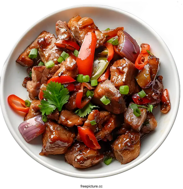 [Transparent Background PNG]A plate of diced beef with bell peppers and onions