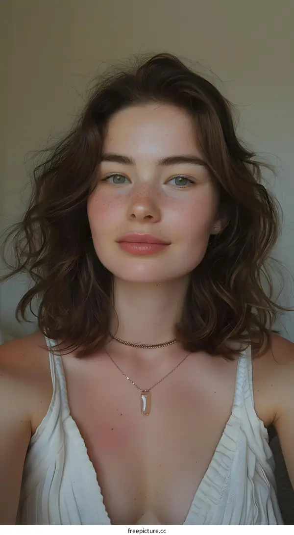 portrait of a young woman with freckles and brown hair