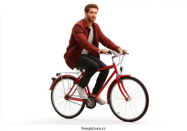 Man Riding a Red Bicycle on White Background
