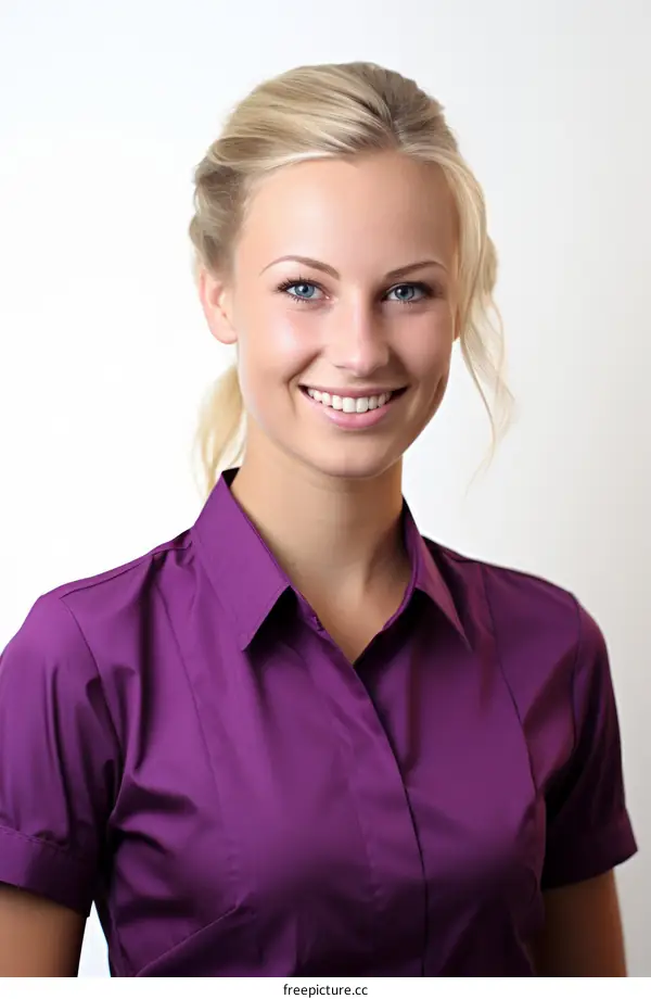 portrait of a young woman with blond hair and blue eyes wearing a purple shirt
