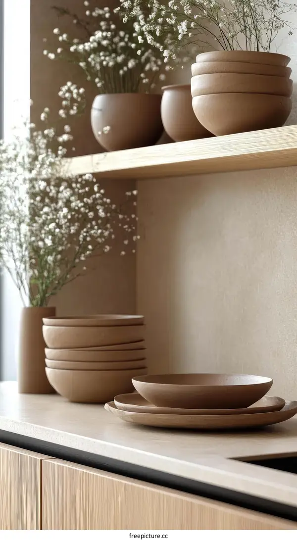 Modern Kitchenware Display with Floral Accents