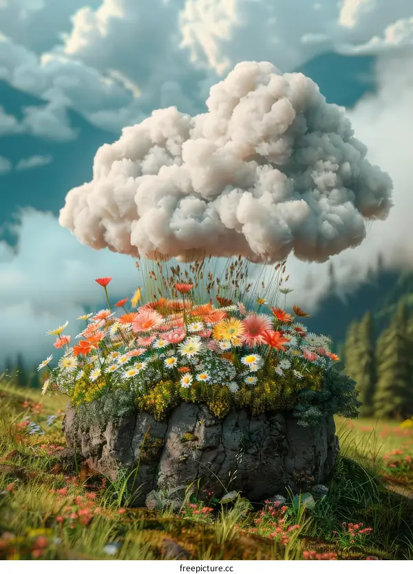 Flowers Blooming from a Rock with a Cloud Above