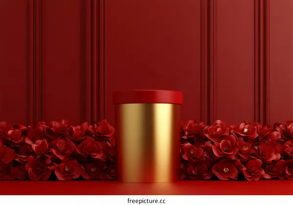 Red Background with Gold Cylinder and Rose Petals