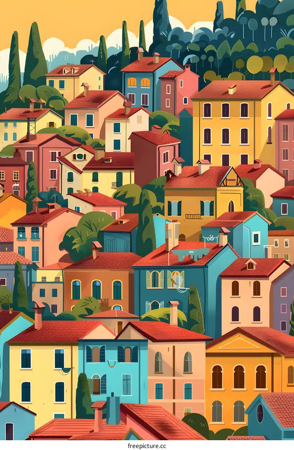 Colorful European Village Illustration
