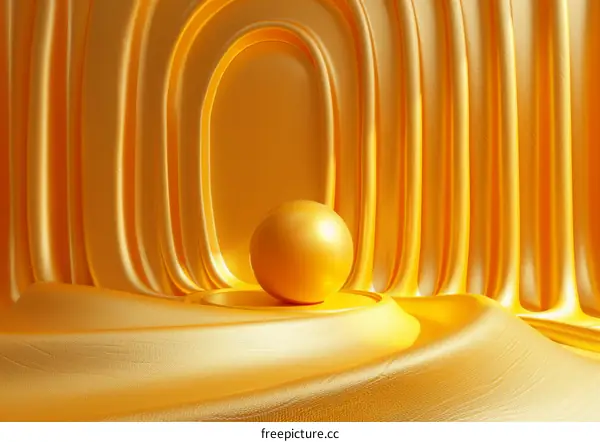 3D rendering of a podium with a golden sphere on it against a wavy golden background