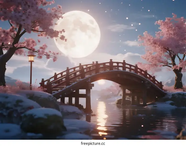 Full Moon Over Cherry Blossom Bridge with Snowy Scenery