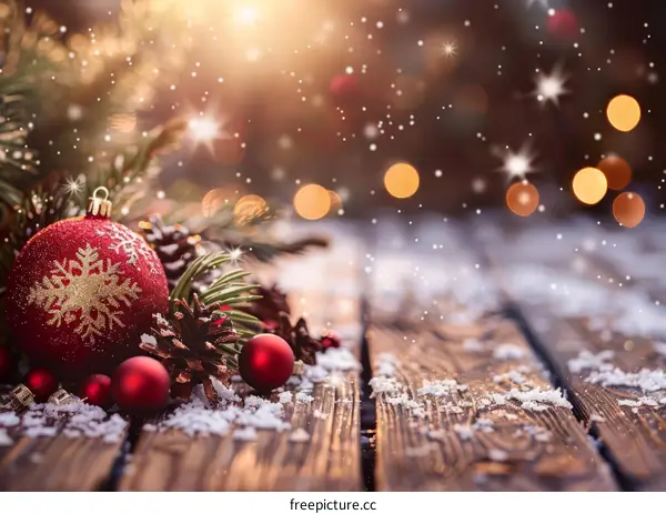 Christmas background with red and gold ornaments and snow