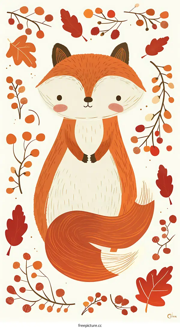 Cute Fox Illustration with Fall Leaves and Berries