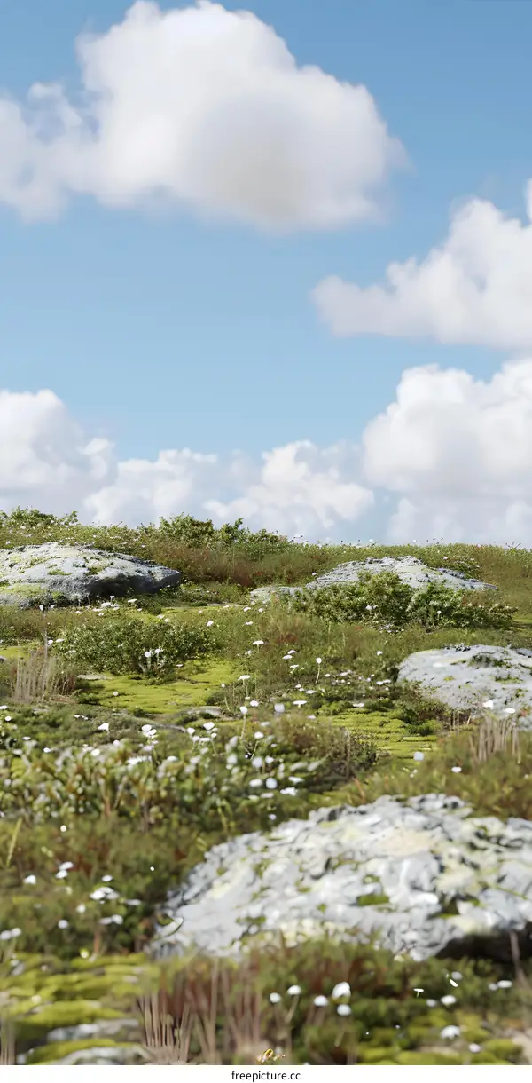 Green Grass And White Flowers With Rocks In A Meadow Under A Blue Sky With White Clouds