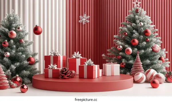 Christmas Scene with Gift Boxes and Trees