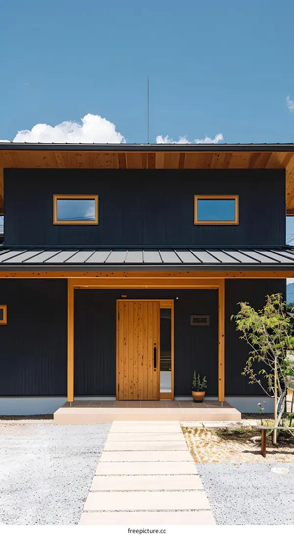 Modern Japanese House with Wooden Accents and Stone Path