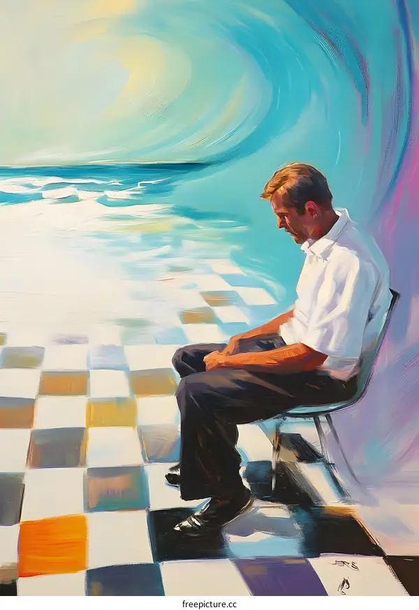 Man Sitting on a Chair in Front of the Sea with Checkered Floor