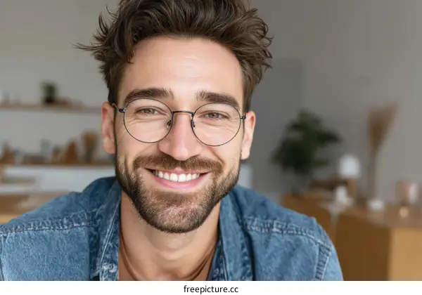 Close Up Portrait of a Smiling Man Wearing Glasses