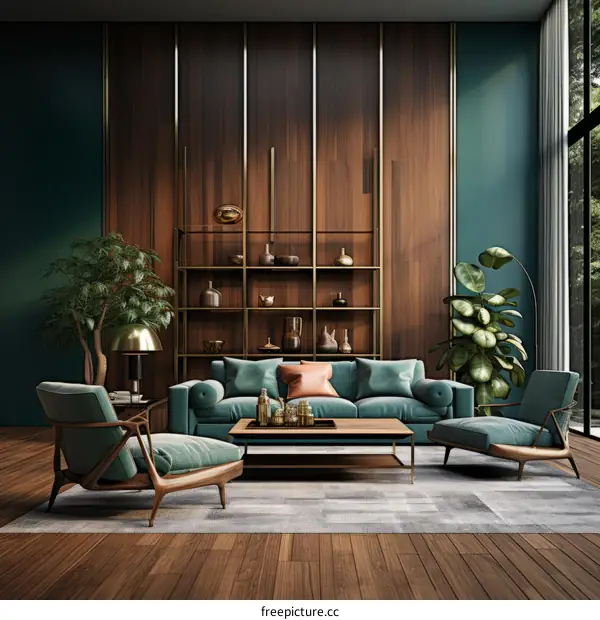 Modern living room interior with green walls, wooden bookshelf and blue sofa