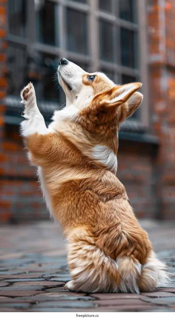 A cute corgi standing on its hind legs and begging