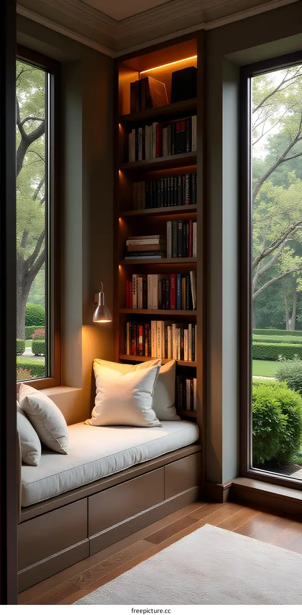 Cozy Reading Nook with Built In Bookshelf and Window Seat